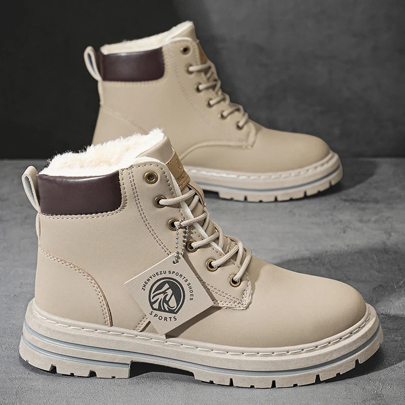 Men's High-Top Boots with Plush Lining, Thick and Warm Interior for Cold Weather Protection, Thick Non-Slip and Wear-Resistant Soles, Rugged Workwear Style, Warm and Stylish for Autumn and Winter Outings, Suitable for Various