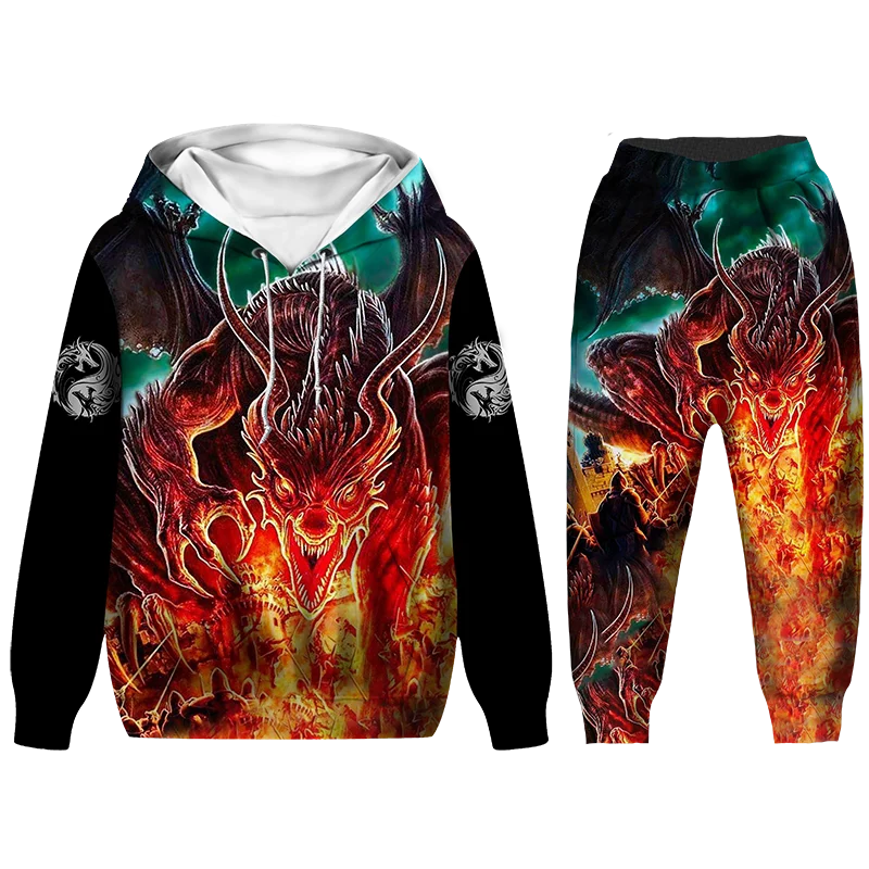 Popular Dragon 3D Printed Men's Sweatshirt Hoodies Set Animal Tracksuit Pullover Jacket Pants Sportswear Autumn jogging Set﻿﻿