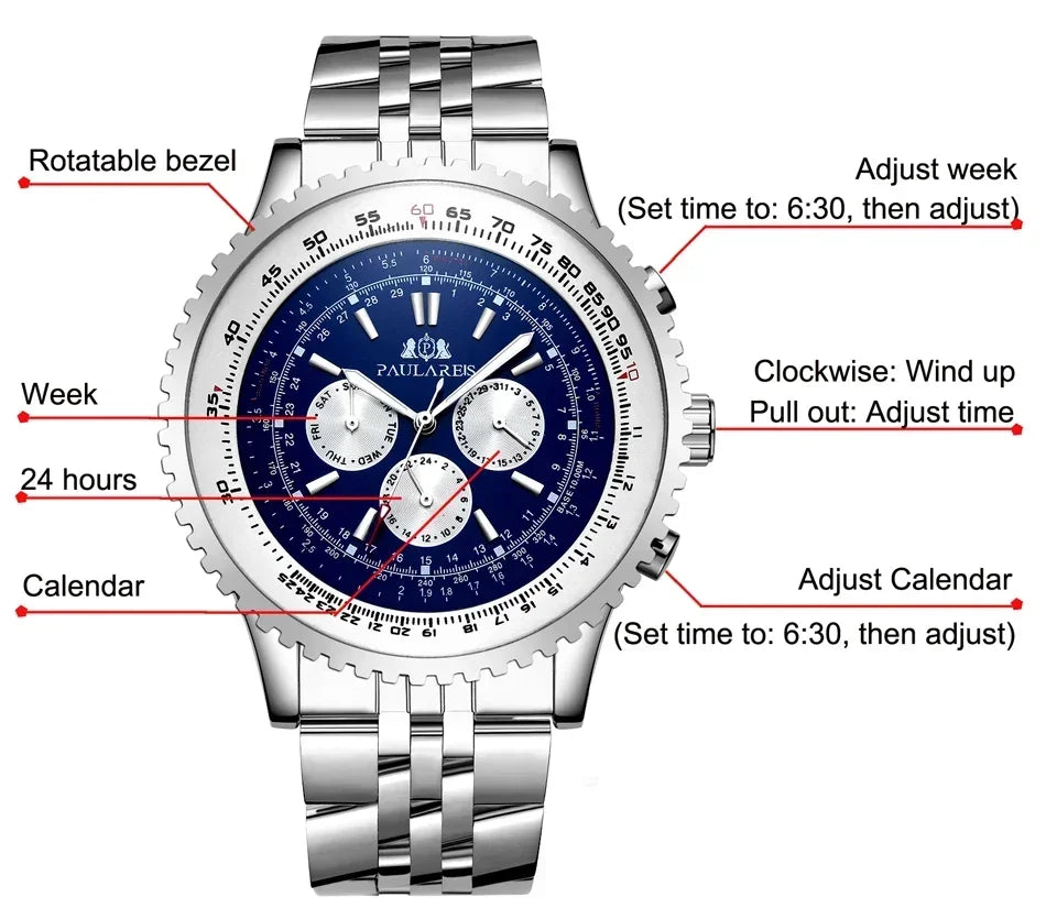 Automatic Watches for Men Mechanical Self Wind Leather Fashion Sports Blue Black White Big 50mm Classic Reloj Hombre Baratos