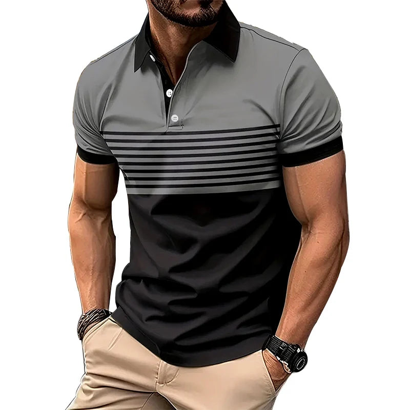Men's Fashion 3D Digital Print Striped Polo Shirts with Buttoned Placket and Short Sleeves for Summer