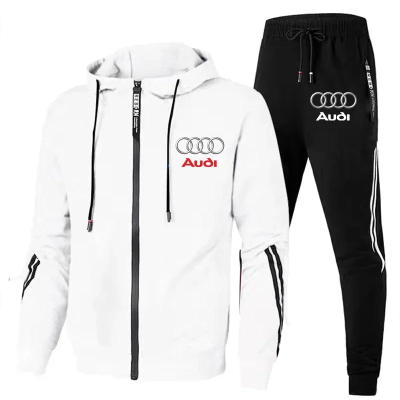 Autumn Winter Mens Audi Car Logo Print Tracksuit Men Zipper Hoodie+Pants 2 Piece Set Casual Gym Fitness Jogging Sportswear Suits