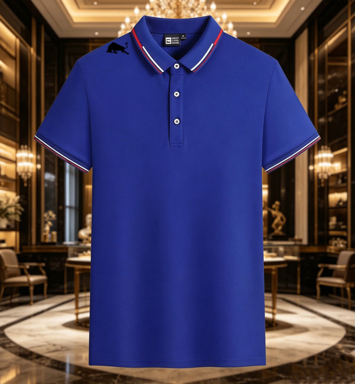 Men Black Polo Shirts Red White Striped Collar Cuff With Shoulder Bull Print Breathable Golf Tops