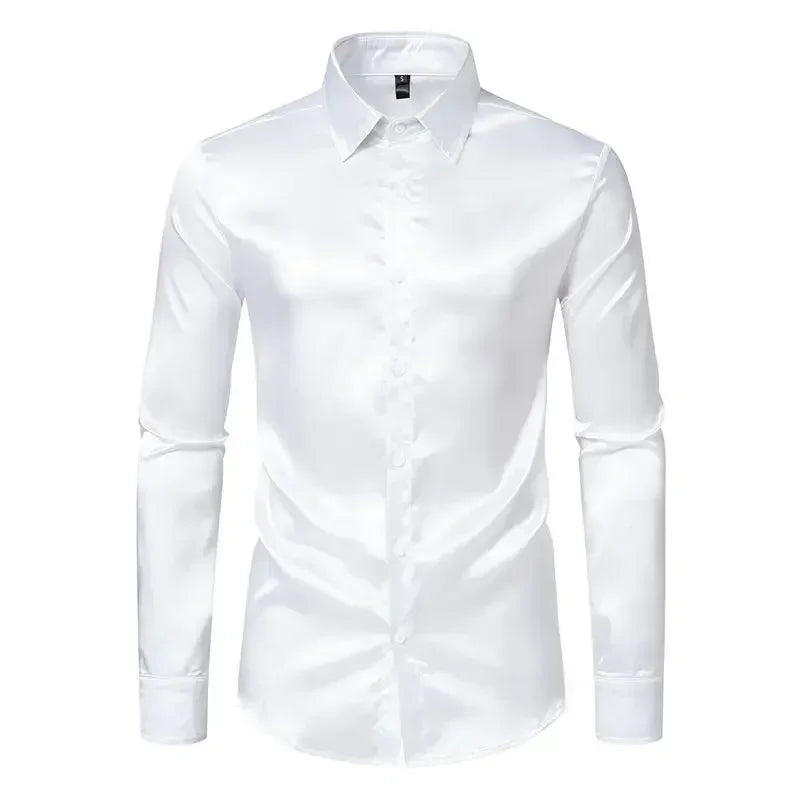 Bright face shirt, men's long sleeved autumn and winter men's clothing, satin nightclub style, solid color trend, men's trend
