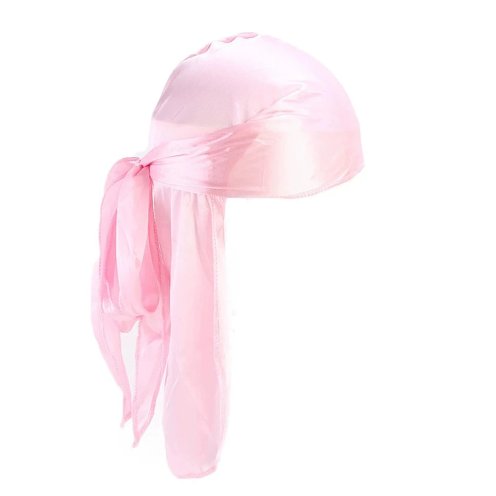 Men's Silky Turban Head Wrap Hat Wig For Men Women Satin Couple Biker Headwear Headband Hair Accessories Extra Long Tail