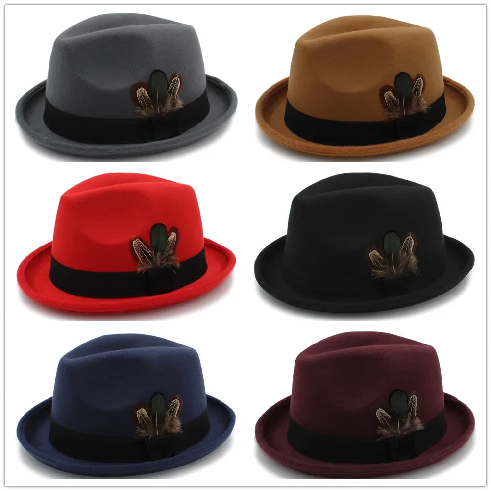 Men Wool Fedora Hats for Dad Dad Roll Up Brim Feather Decorative Church Hat Male Jazz Cap Panama Hat