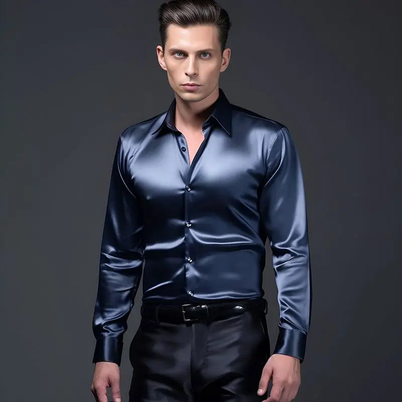 Bright face shirt, men's long sleeved autumn and winter men's clothing, satin nightclub style, solid color trend, men's trend