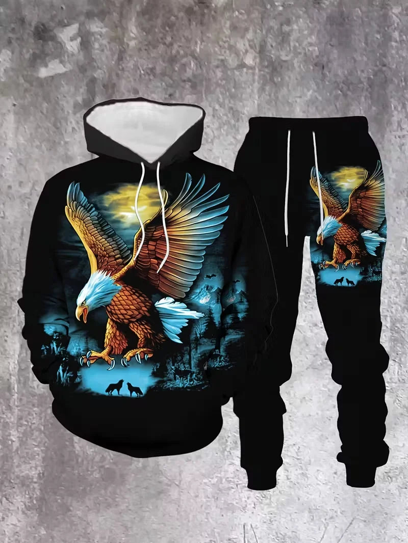 Men's 3D Eagle Print Tracksuit Outfits Street Fashion Hoodies Pants 2-Piece Set Autumn/Winter Casual Sweatshirt Sweatpants Suits
