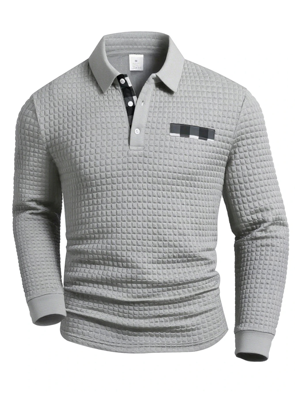 Men's Polo Shirts Square Plaid Texture Fabric Solid Color Mens Long Sleeve Tops Button Checkered Patchwork Henley Collar