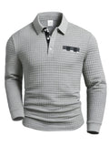 Men's Polo Shirts Square Plaid Texture Fabric Solid Color Mens Long Sleeve Tops Button Checkered Patchwork Henley Collar