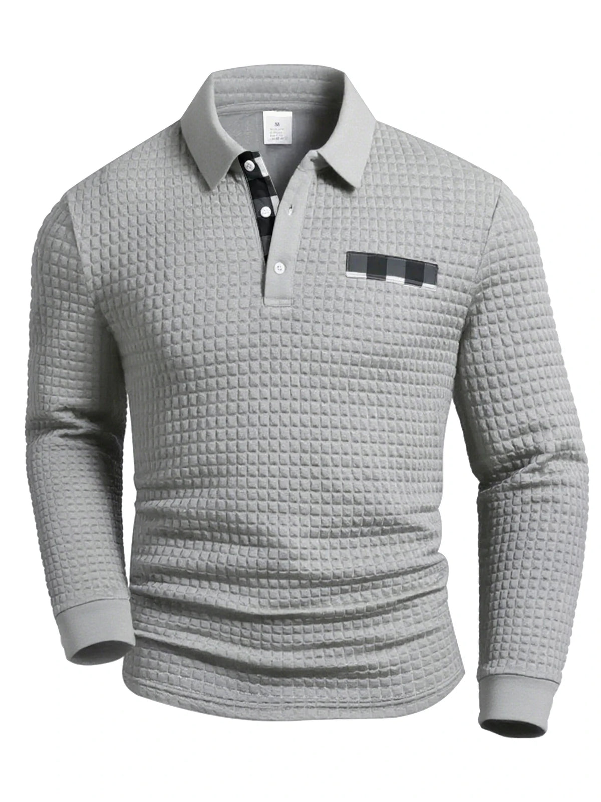 Men's Polo Shirts Square Plaid Texture Fabric Solid Color Mens Long Sleeve Tops Button Checkered Patchwork Henley Collar
