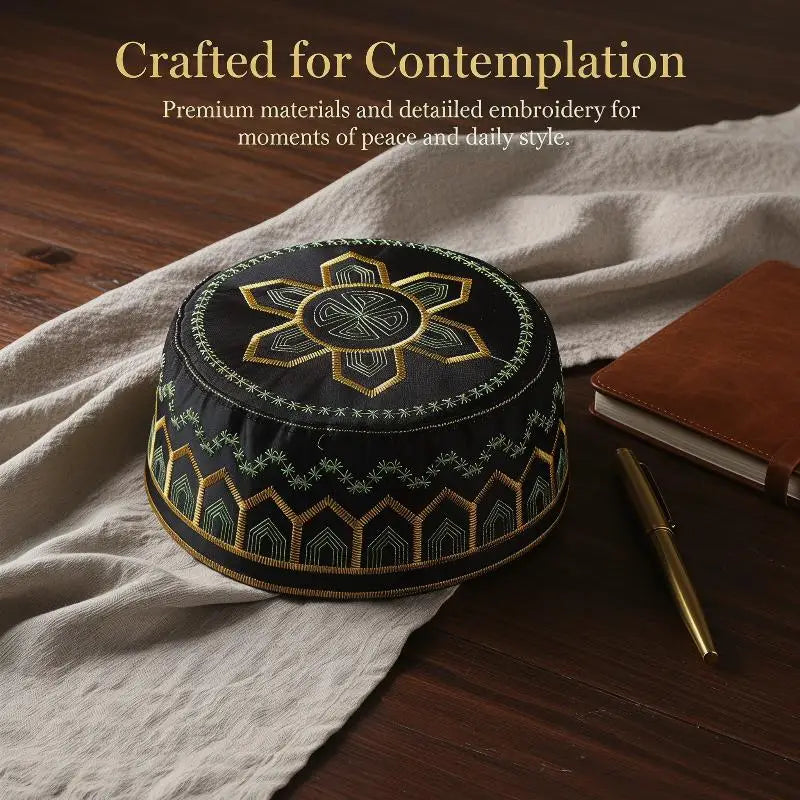 Cotton Polyester Muslim Men Prayer Hat Saudi Embroidery Cap Leisure Breathable Comfortable Fit for Mosque Events