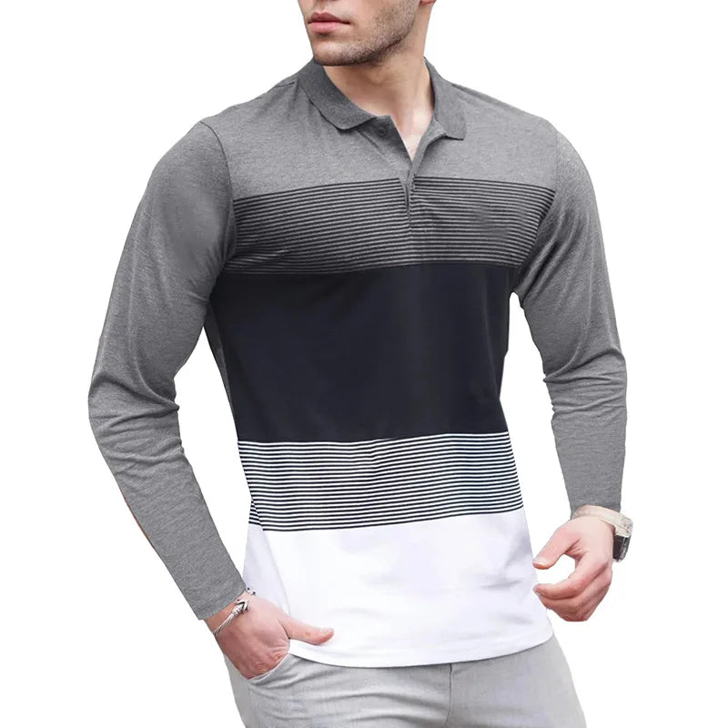 Men's Long Sleeve Polo Shirt Color Block Stripe Design Casual Slim Fit Pullover Breathable Knit Top for Daily Wear & Layering