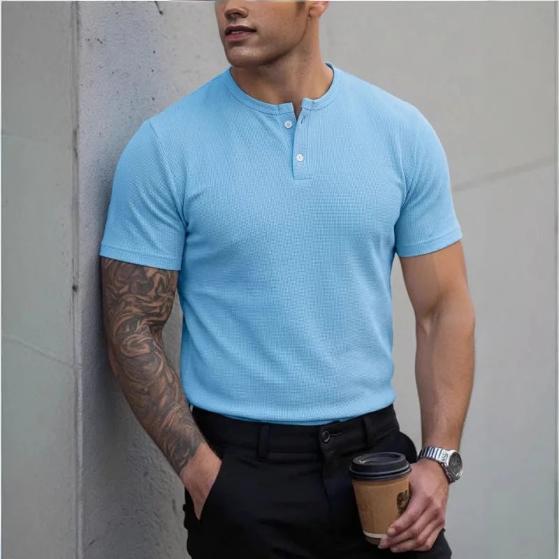 Men's Polo Shirt with Henley Collar, Short-Sleeved T-Shirt, Summer Casual Button-Down Placket Street Style Base Layer, S-3XL.
