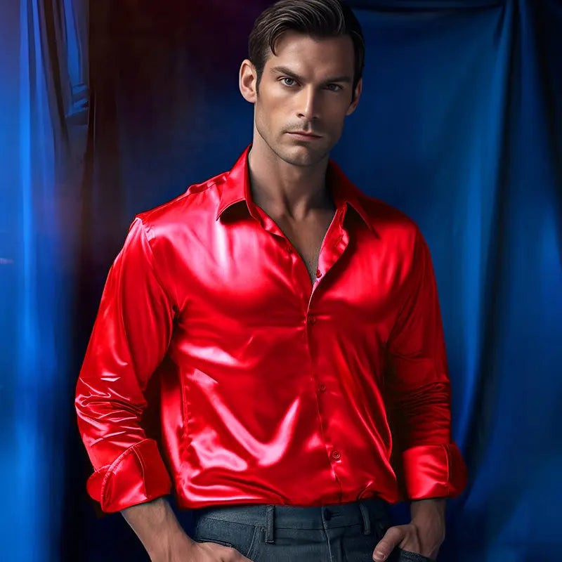 Bright face shirt, men's long sleeved autumn and winter men's clothing, satin nightclub style, solid color trend, men's trend