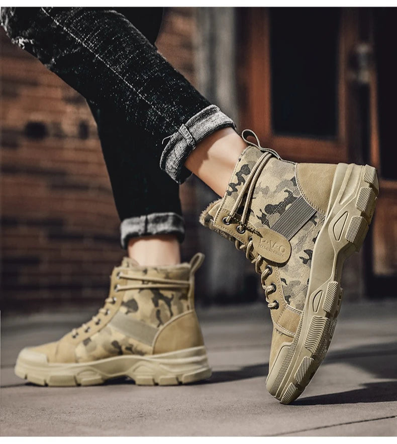 Men's Shoes Camouflage High Top Work Boots New Comfortable Sneakers Men Outdoor Hiking Shoes Men Non-Slip Lace-Up Platform Boots