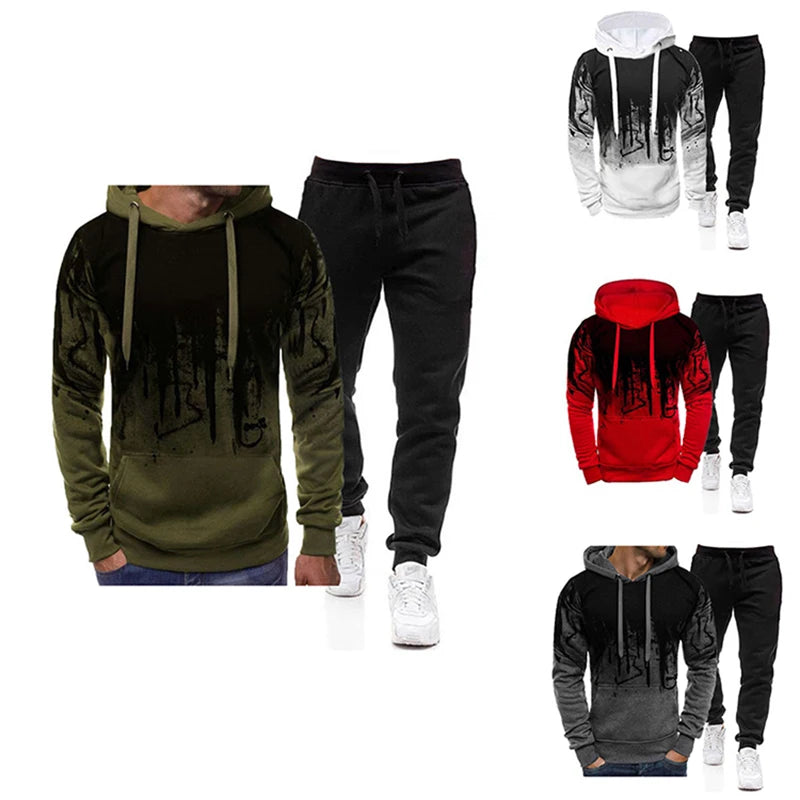 Spring Autumn Men's 2Pcs Suit Sweatshirt Splash Hoodies+Tracksuit Pants Casual Fitness Male New Sportwear Men Clothing