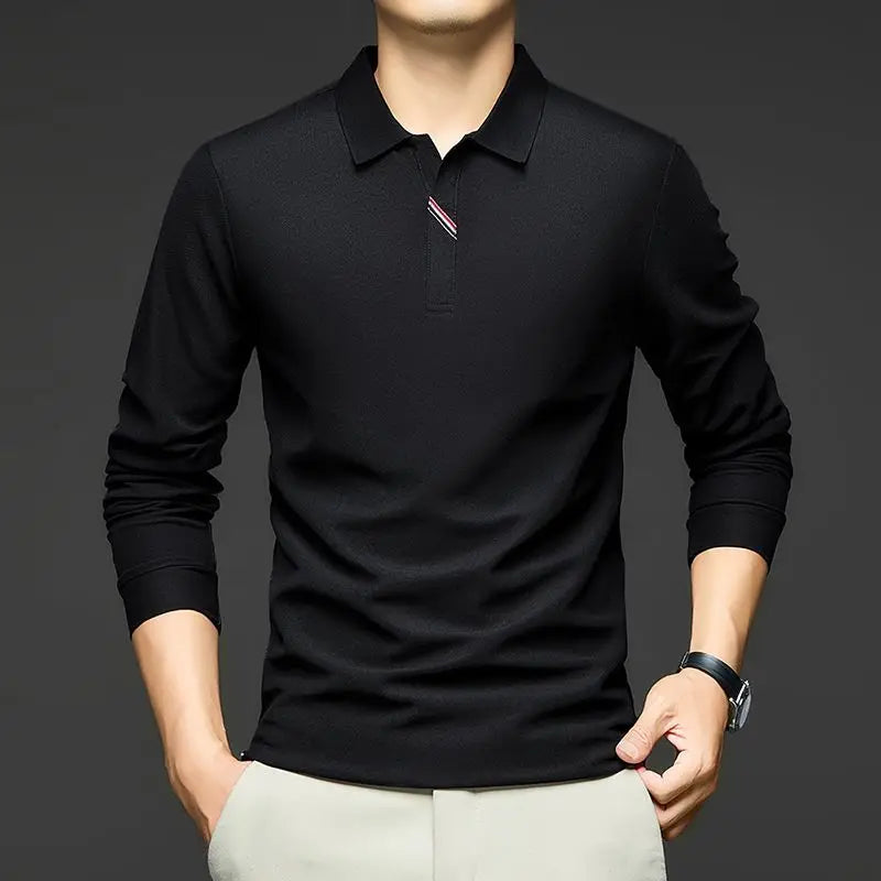 Mens Lapel Long Sleeve Polo Shirt Simple Striped Decor Loose Casual Fashion Business T Shirts