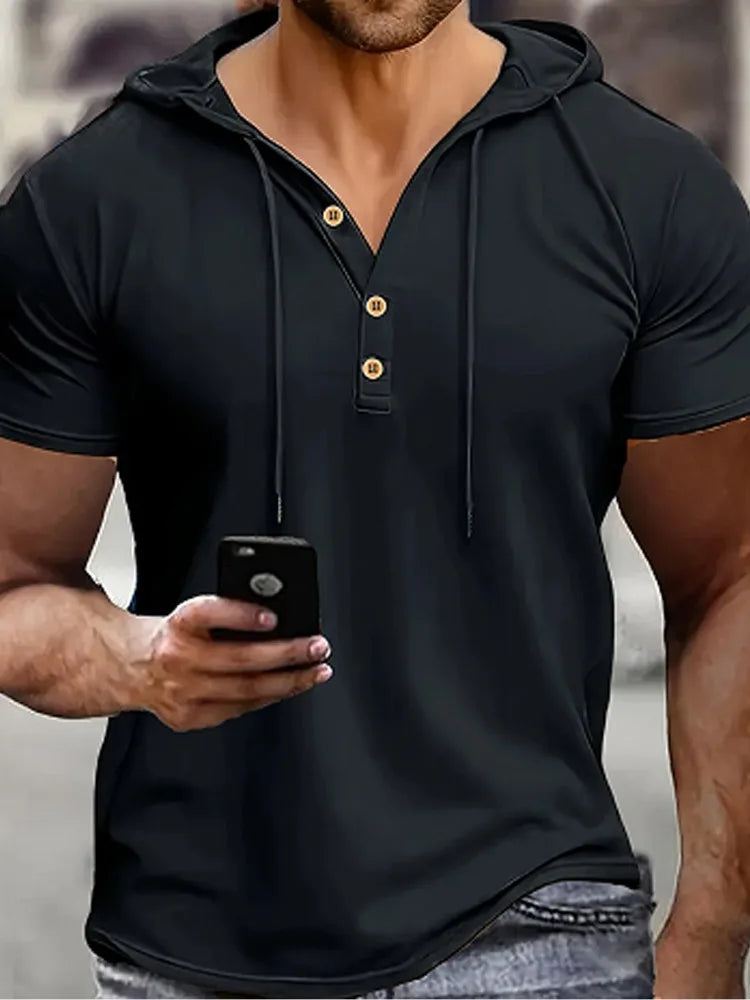 Men's Henry Shirt Solid Color Casual Short Sleeve Hooded Polo Shirts Summer Fashion Breathable T-shirt Streetwear Men Clothing
