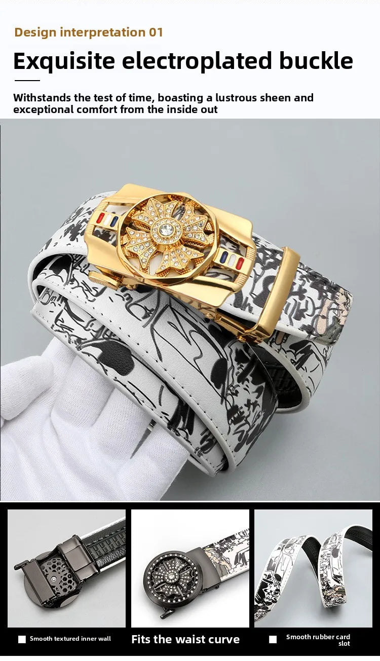 Men's Fashionable Automatic Belt with Rotating Buckle，Graffiti printPUBelt，Luxurious casual belt suitable for jeans and trousers