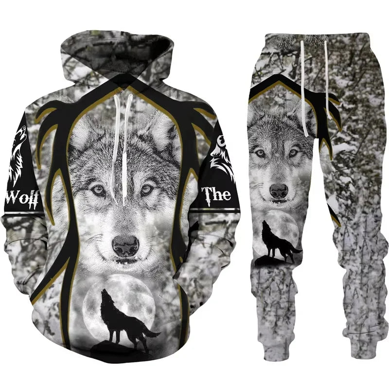 Spring Men's Hooded 3D Animal War Wolf Printed  Sweater Set Male Sportswear Tracksuit Long Sleeve Men Clothing Suit
