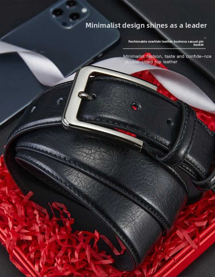 Men's Belt Boys Genuine Leather Belt Pin Buckle Belt Brown Middle-aged Youth Casual Trendy Men's Belt，Ideal for Gifting