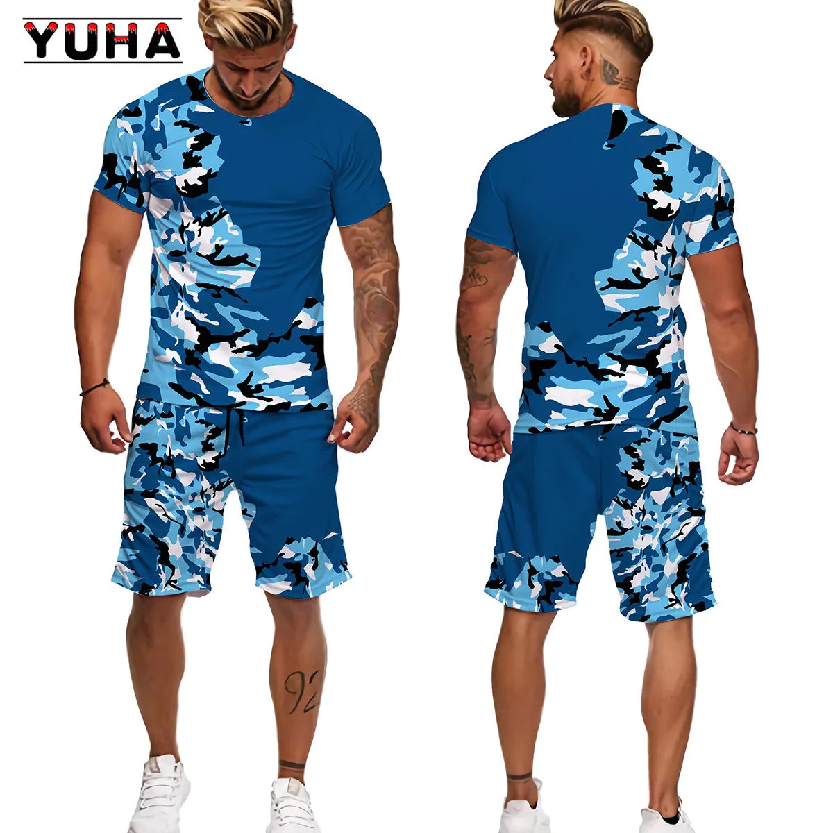 YUHA Summer Camouflage Tees/Shorts/Suits Men's T Shirt Shorts Tracksuit Sport Style Outdoor Camping Hunting Casual Mens Clo