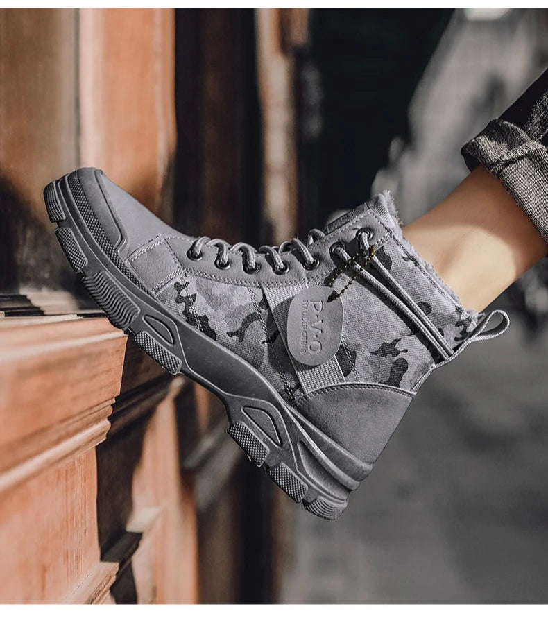 Men's Shoes Camouflage High Top Work Boots New Comfortable Sneakers Men Outdoor Hiking Shoes Men Non-Slip Lace-Up Platform Boots