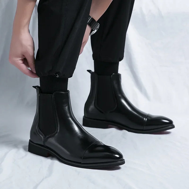 Men's Boots Business Ankle Boots Red Sole Pointed Toe Dress Boots British High Top Leather Shoes Slip-On Casual Men Chelsea Boot