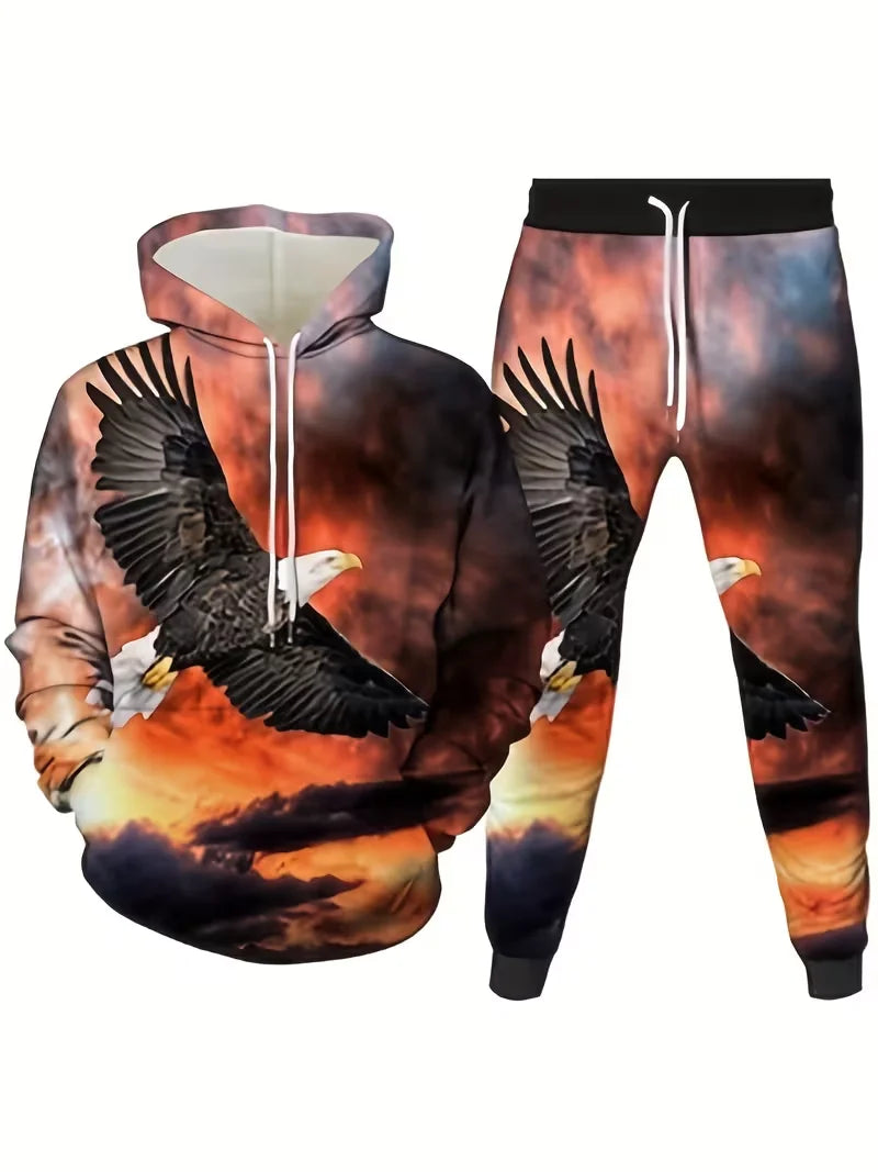 Men's 3D Eagle Print Tracksuit Outfits Street Fashion Hoodies Pants 2-Piece Set Autumn/Winter Casual Sweatshirt Sweatpants Suits