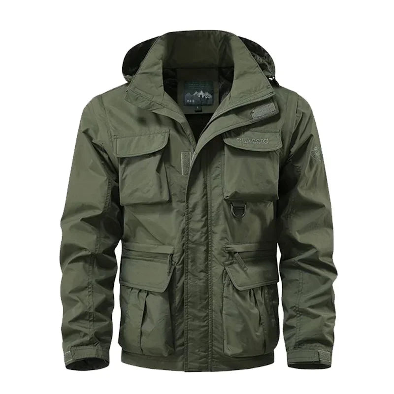 Men Outdoors Hooded Multiple Pockets Hiking Jackets New Spring Autumn Male Traveling Windproof Waterproof Jackets Quality Coats
