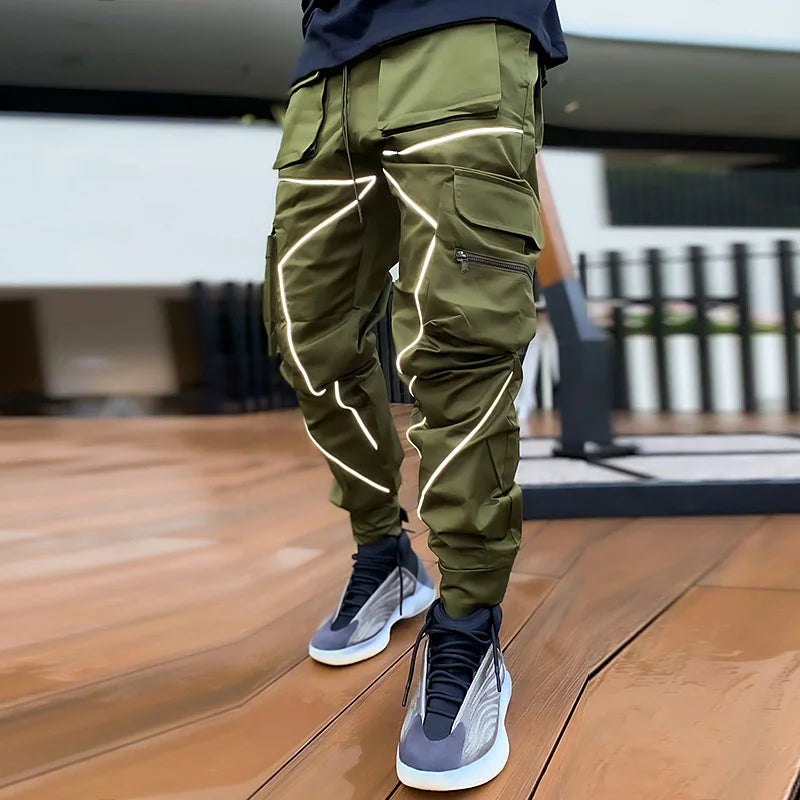 Men's Gym Joggers Stretch Casual Sweatpants Fitness Track Pants Multi-Pocket Cargo Hip Hop Streetwear Reflective Sports Trousers