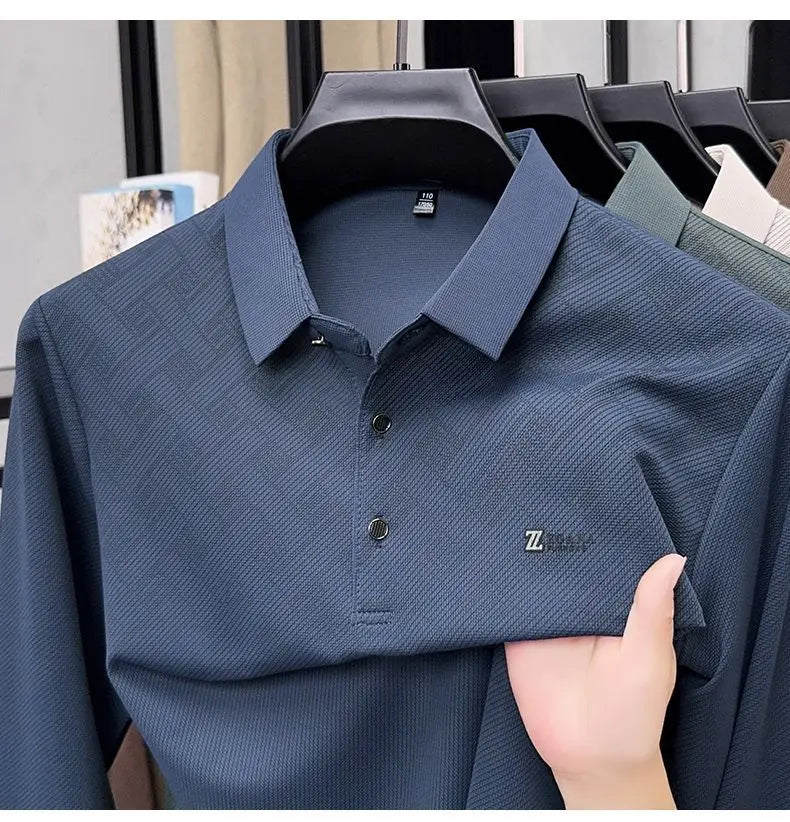 Men's Lapel Long Sleeve Polo Shirt Subtle Jacquard Print Casual Versatile Top for Middle Aged Dad Spring Autumn