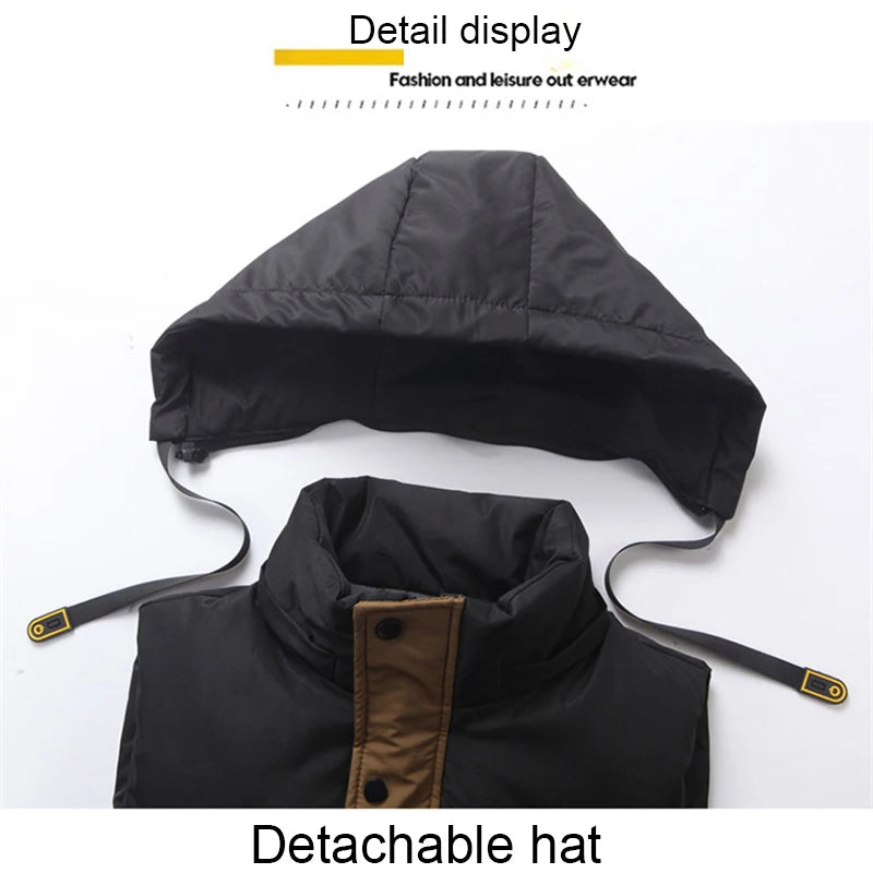 Plus Size Cotton Padded Vest for Men Warm Autumn Winter Sleeveless Jackets Hat Detachable 6XL Fashion Loose Coat Men Clothing