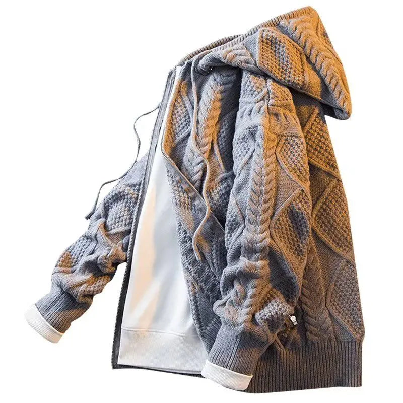 New Fashion England Style Hooded Streetwear Zipper Cardigan Autumn Winter Knitted Thick Sweater for Men with Hat Mens Clothes