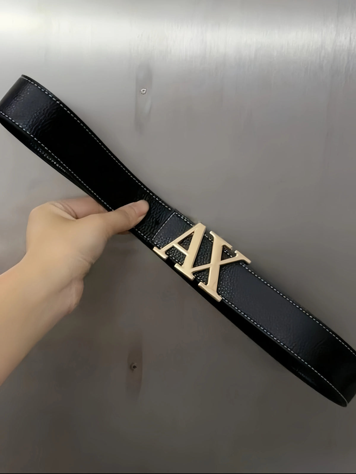 Men's  Belt with Silver A - Shape Automatic Buckle, Slim Business Casual Waist Strap for Dress Pants, Black