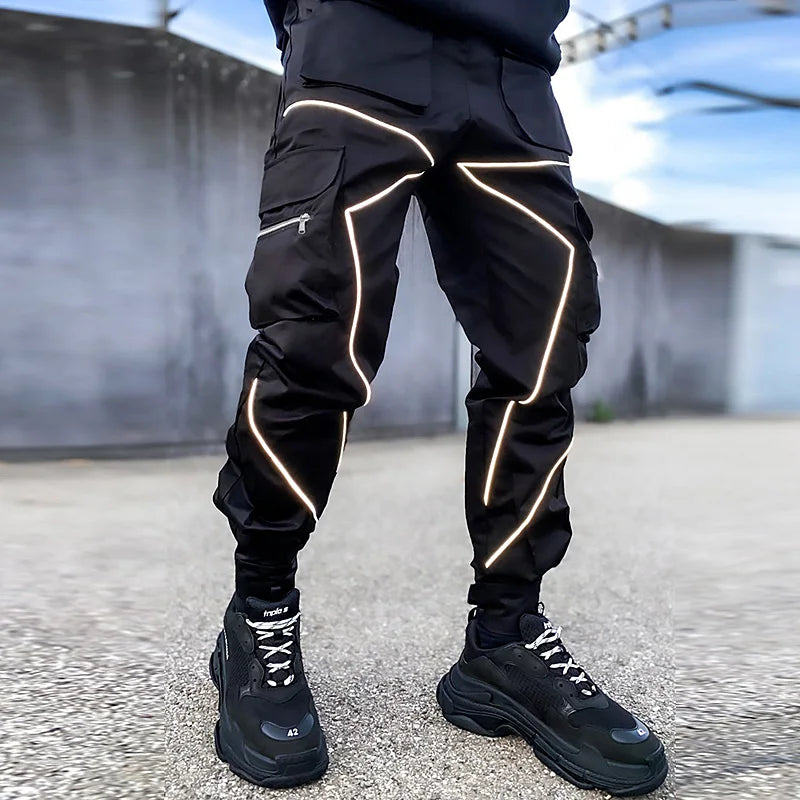 Men's Gym Joggers Stretch Casual Sweatpants Fitness Track Pants Multi-Pocket Cargo Hip Hop Streetwear Reflective Sports Trousers