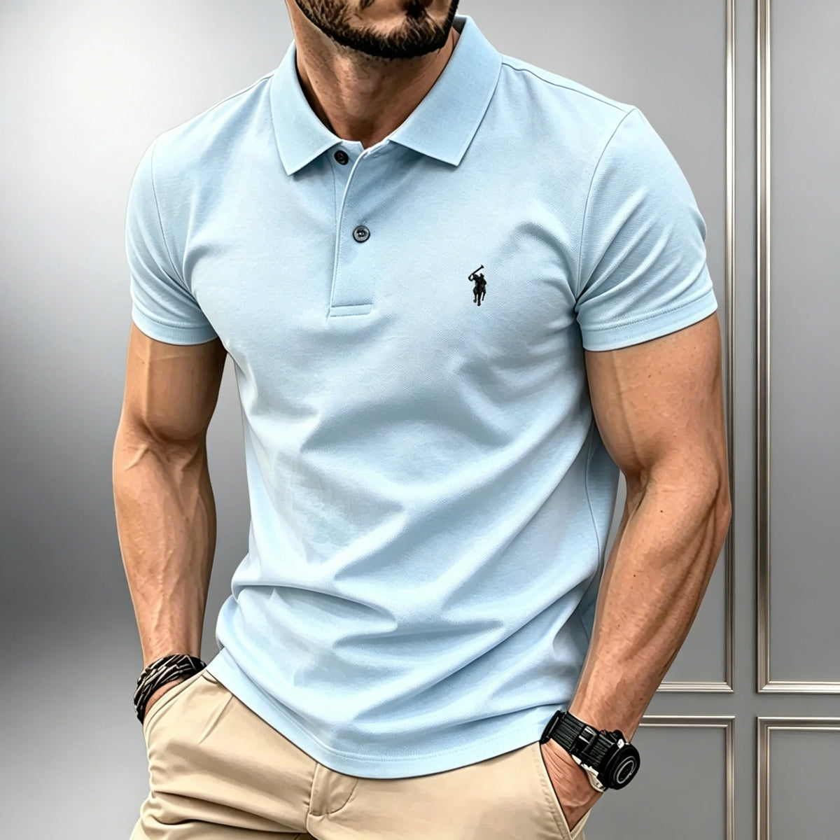 Men Solid Color Polo Shirt Regular Fit Business Casual Short Sleeve Tops With Small Horse Embroidery Chest Print
