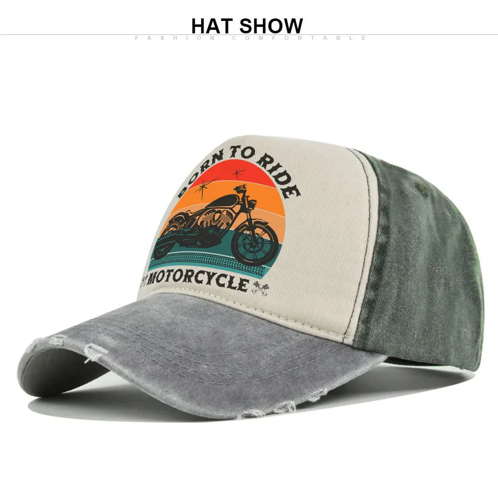 Men Hats Motorcycle Baseball Caps for Men Women Retro Printed Caps Cotton Sponge Truck Caps Men's Washed Old Sun Hat Casquette
