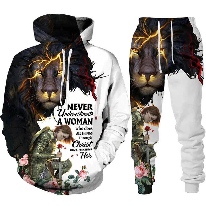 Two Piece Set Christian Bible Faith Jesus God Men's Hoodie/Suit Cool 3D Lion Printed Streetwear Couple Clothes Jogging Tracksuit