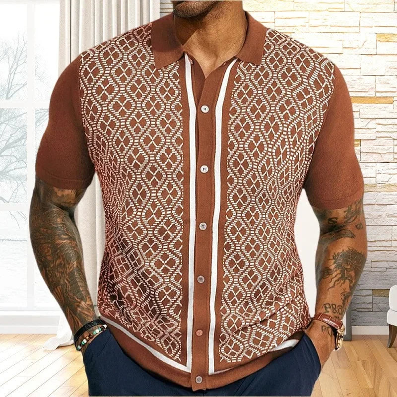 New Men Fashion Business Tops Casual Geometric Printed Knitted Polo Shirts Leisure Quality Short Sleeve Polos Jacquarded T-shirt