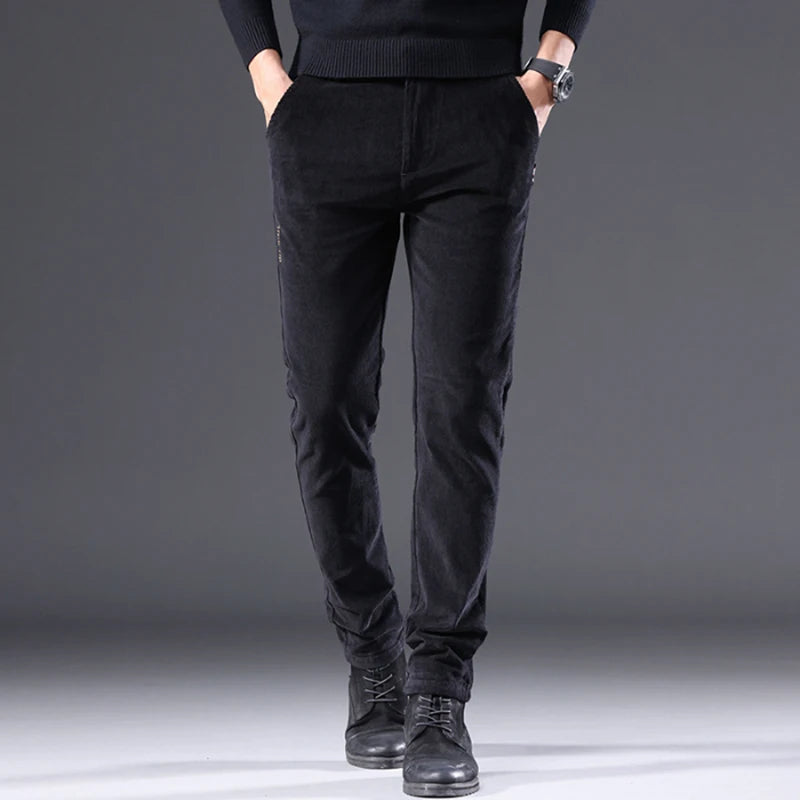 Men's Solid Straight Leg Corduroy Fabric Casual Pants Male Army-green Coffee Office Pants Stylish Youth Autumn Winter Trousers
