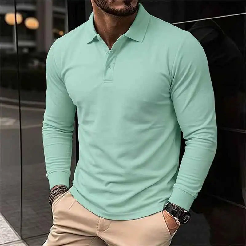Men's Long Sleeve Henry Polo Shirts Spring Autumn Smart Casual Breathable Comfortable Polo Shirt Solid High Quality Male T-Shirt