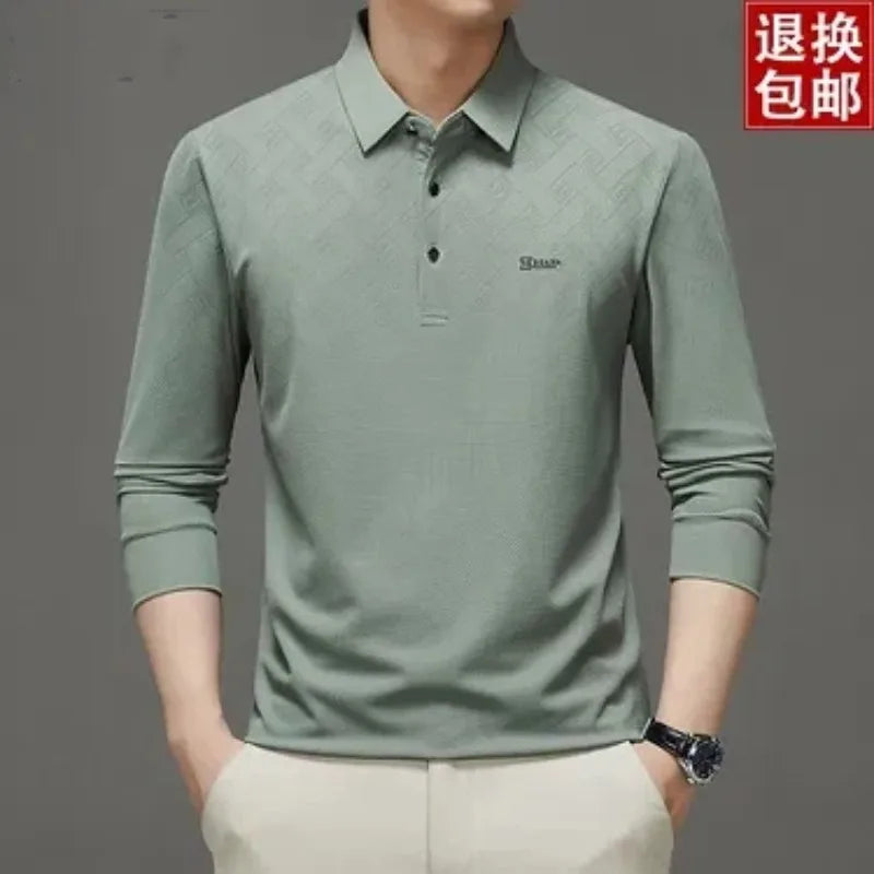 Men's Lapel Long Sleeve Polo Shirt Subtle Jacquard Print Casual Versatile Top for Middle Aged Dad Spring Autumn