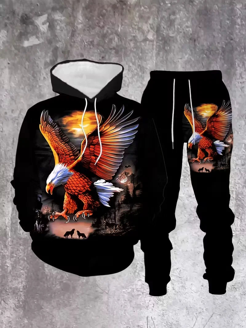 Men's 3D Eagle Print Tracksuit Outfits Street Fashion Hoodies Pants 2-Piece Set Autumn/Winter Casual Sweatshirt Sweatpants Suits