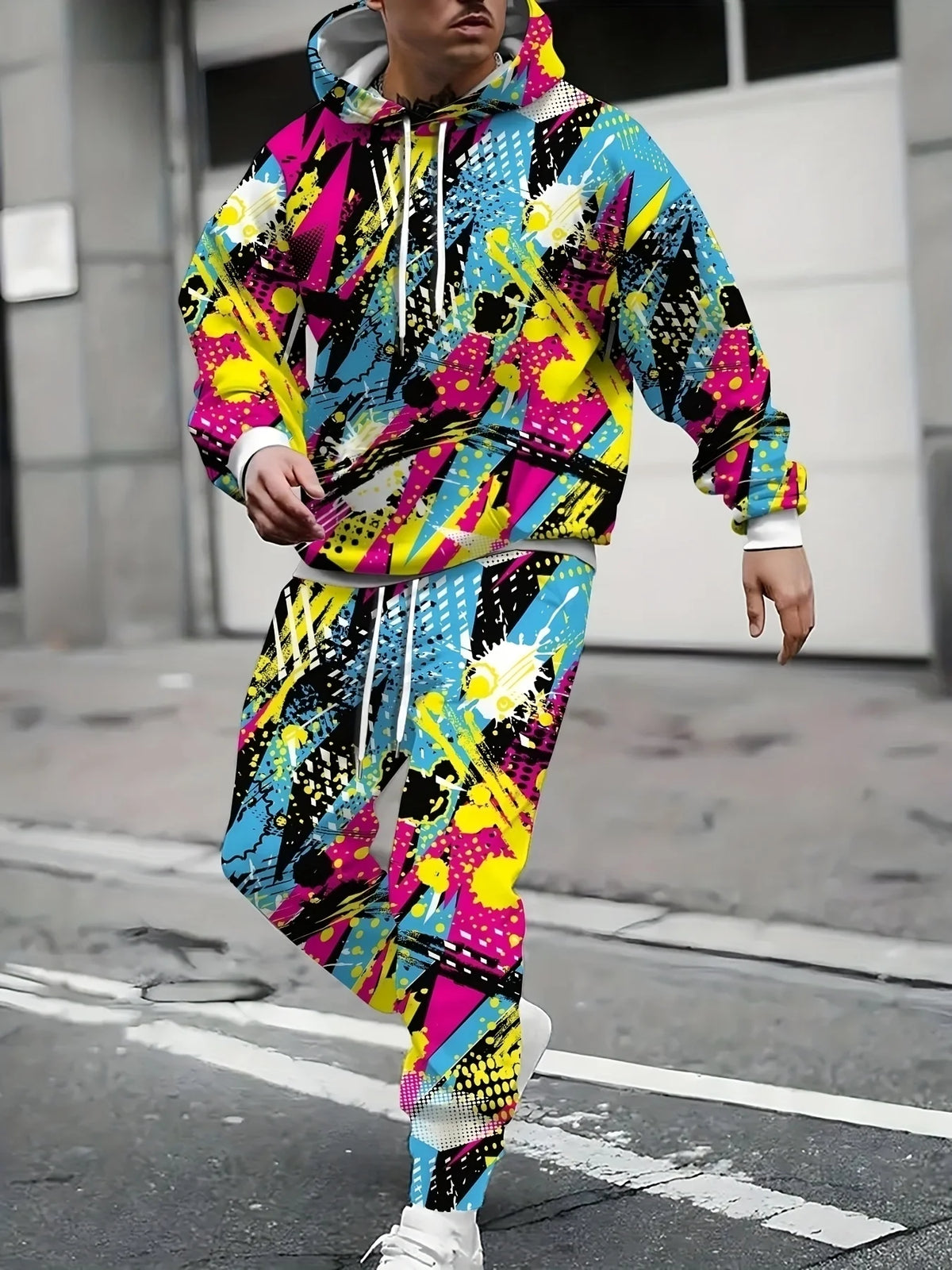 Men's 2025 Hoodie Jogger Set, Graffiti printing Polyester Relaxed Fit Tracksuit Cool Streetwear Spring Autumn Casual Loungewear