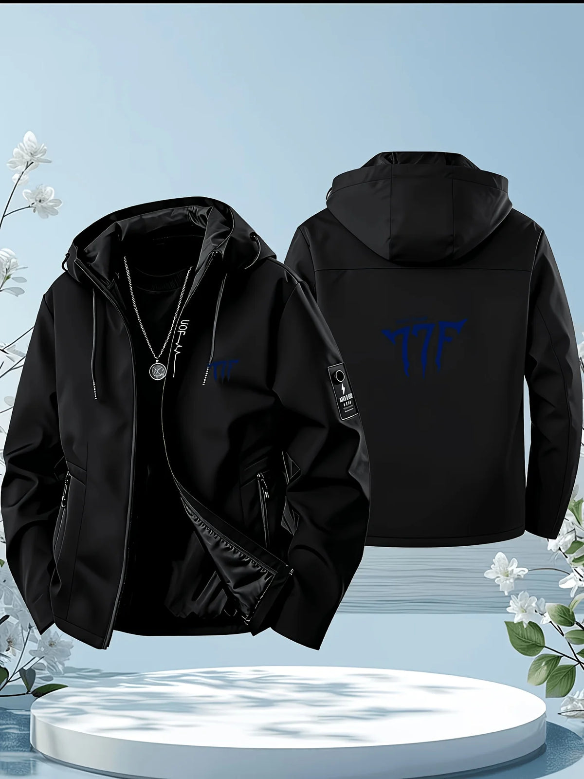 Men's casual hooded jacket, sporty design, featuring brand patterns on the back, suitable for daily wear and outdoor activities.