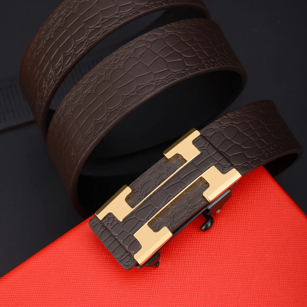 Men's Fashionable Work Business Belt with Metal Automatic Buckle Durable Everyday Use Design Perfect Gift Choice