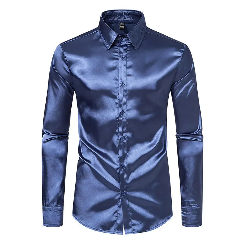 Bright face shirt, men's long sleeved autumn and winter men's clothing, satin nightclub style, solid color trend, men's trend