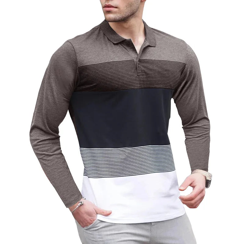 Men's Long Sleeve Polo Shirt Color Block Stripe Design Casual Slim Fit Pullover Breathable Knit Top for Daily Wear & Layering