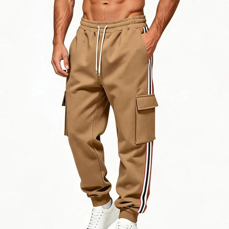 Men Striped Cargo Joggers Multi Pocket Drawstring Elastic Waist Sweatpants Hip Hop Streetwear Loose Fit Sports Casual Pants